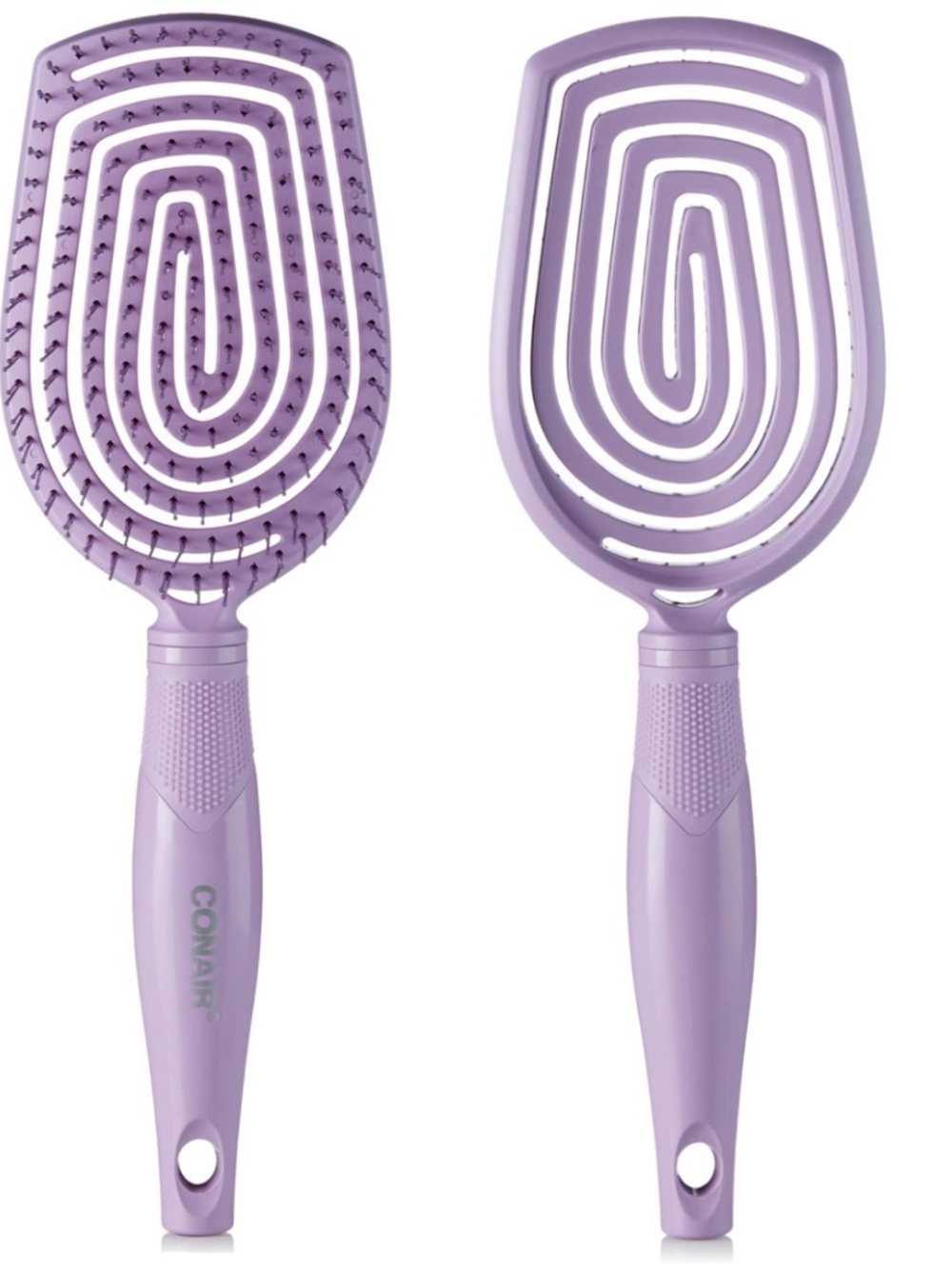 This Conair Scalp Care Flexi Head Paddle Brush spiraldesign for detangling
